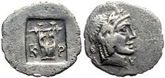Greek Lycia, Lycian League, Kragos AR Hemidrachm (1.49g, 18mm) Late 1st century BC-early 1st century AD Obv: Laureate head of Apollo right. Rev: K - P, Lyre within incuse square. Ref: RPC I 3312; Trox