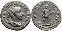 Roman Imperial Gordian III (238-244) AR Antoninianus (3.49g, 21mm) Rome Obv: IMP GORDIANVS PIVS FEL AVG: Bust of Gordian III, radiate, draped, cuirassed, right Rev: P M TR P IIII COS II P P: Gordian I