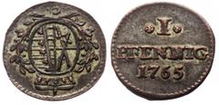 Medieval Germany, German States, Electorate of Saxony (Albertinian Line) 1 Pfennig (Silvered billon, 0.46g, 13mm) Frederick August III Obv: C, Crowned coat of arms with branches around Rev: • I • / PF