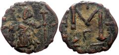 Byzantine Tiberius III Apsimar (698-705) AE Folllis (2.69g, 19mm) Constantinople, unknown regnal year, Obv: Tiberius standing facing wearing crown and military costume, holding cross on globe and long