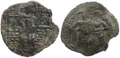 Byzantine Byzantine AE Trachy (Bronze, 2.41 g, 25 mm), Michael VIII Palaeologus; Constantinople mint. 1261-1282 AD, AE Trachy (stamenon).; Obv: MHP-ΘV in upper field, Mary in halo, seated straight, on