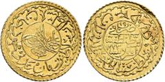 Gold World Coins Ottoman Empire. Mahmud II, AH 1223-1255 / AD 1808-1839. Cedid Adliye Altını (Gold, 19 mm, 1.59 g), Qustantaniyya, AH 1223 = AD 1808, RY 19 = AD 1826/7. Tughra within a circle; in the 