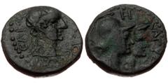 Roman Provincial Lycia-Pamphilia, Magydus, AE (bronze, 5,29 g, 17 mm) Tiberius (14-37 AD) Obv: ΤΙΒΕΡΙΟϹ ΚΑΙϹΑΡ; laureate head of Tiberius, r. Rev: ΜΑΓΥΔ[ƐⲰΝ] Η; jugate and helmeted busts, r. Ref: RPC 