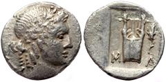 Greek Lycia, Masikytes, AR drachm of League Coinage (Silver, 15,0 mm, 1,16 g), 1st century BC. Obv: Laureate head of Apollo to right, hair in formal curls, [M - A]. Rev: Lyre, M - A, to right corn ear