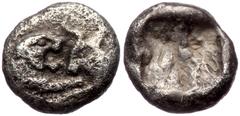 Greek Kingdom of Lydia, Kroisos AR 1/24 Stater (Silver, 0,37g, 6mm) Sardes, ca 561-546 BC. Obv: Confronted foreparts of lion to right and bull to left Rev: Incuse square punch. Ref: GRPC Lydia S9; Ber