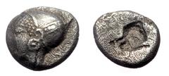 Greek Phokaia AR Diobol (Silver, 1.14g, 9mm), ca 521-478 BC Phokaia AR Diobol (Silver, 1.14g, 9mm), ca 521-478 BC Obv. Head of nymph left, wearing sakkos and earring. Rev. Quadripartite incuse. Ref: S