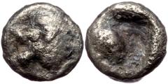 Greek Ionia, Miletos AR tetartemorion (Silver, 0,19g, 5mm) ca 525-500 BC. Ionia, Miletos AR tetartemorion (Silver, 0,19g, 5mm) ca 525-500 BC. Obv: Forepart of lion left, with open jaws and tongue prot