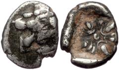 Greek Ionia, Miletos AR Diobol (Silver 1,01g 10mm) Late 6th-early 5th century BC Ionia, Miletos AR Diobol (Silver 1,01g 10mm) Late 6th-early 5th century BC Obv: Forepart of a lion to right, head turne