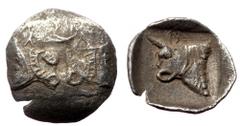 Greek Caria or Lycia, uncertain, AR tetartemorion (Silver, 0.15g, 9mm) ca. 5th cent BC Caria or Lycia, uncertain, AR tetartemorion (Silver, 0.15g, 9mm) ca. 5th cent BC Obv: Confronted heads of two bul