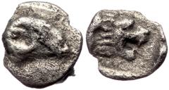 Greek Caria, uncertain AR tetartemorion (Silver 0,20g 6mm) ca 420-350 BC. Caria, uncertain AR tetartemorion (Silver 0,20g 6mm) ca 420-350 BC. Obv: Ram’s head to right. Rev: Lion’s head with open jaws 
