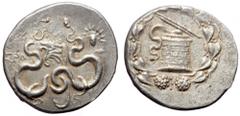 Greek Lydia, Tralleis, AR cistophoric tetradrachm (Silver, 29,0 mm, 12,62 g), ca. 140-135 BC. Lydia, Tralleis, AR cistophoric tetradrachm (Silver, 29,0 mm, 12,62 g), ca. 140-135 BC. Obv: Basket (cista