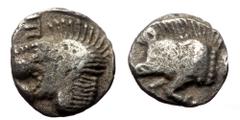 Greek Mysia, Kyzikos, AR hemiobol (Silver, 0.44g, 8mm) ca. 450-400 BC Mysia, Kyzikos, AR hemiobol (Silver, 0.44g, 8mm) ca. 450-400 BC Obv: Forepart of boar left, tunny upwards to right. Rev: Head of r