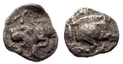 Greek Mysia, Kyzikos AR Hemiobol (Silver, 0.27g, 7mm) ca 525-475 BC. Mysia, Kyzikos AR Hemiobol (Silver, 0.27g, 7mm) ca 525-475 BC. Obv: Forepart of boar right; tunny to left Rev: Head of roaring lion