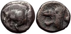 Greek Mysia, Kyzikos AR diobol (Silver 1,13g 10mm) ca 525-475 BC Mysia, Kyzikos AR diobol (Silver 1,13g 10mm) ca 525-475 BC Obv: Forepart of boar to left, a tunny on right. Rev: Head of a roaring lion