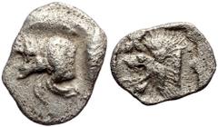 Greek Mysia, Kyzikos AR hemiobol (Silver, 0,36g, 10mm) ca 450-400 BC. Mysia, Kyzikos AR hemiobol (Silver, 0,36g, 10mm) ca 450-400 BC. Obv: Forepart of boar left; to right, tunny upward Rev: Head of ro