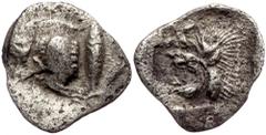Greek Mysia, Kyzikos AR hemiobol (Silver, 0,32g, 10mm) ca 450-400 BC Mysia, Kyzikos AR hemiobol (Silver, 0,32g, 10mm) ca 450-400 BC Obv: Forepart of boar left; to right, tunny upward Rev: Head of roar