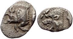 Greek Mysia, Kyzikos AR hemiobol (Silver, 0,38g, 9mm) ca 450-400 BC Mysia, Kyzikos AR hemiobol (Silver, 0,38g, 9mm) ca 450-400 BC Obv: Forepart of boar left; to right, tunny upward Rev: Head of roarin