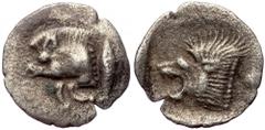 Greek MYSIA, Kyzikos AR hemiobol (Silver, 0,26g, 9mm) ca 450-400 BC. MYSIA, Kyzikos AR hemiobol (Silver, 0,26g, 9mm) ca 450-400 BC. Obv: Forepart of boar left; to right, tunny upward Rev: Head of lion