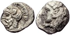 Greek Cilicia, uncertain AR Hemiobol (Silver 0,22g, 7mm) 4th century BC Cilicia, uncertain AR Hemiobol (Silver 0,22g, 7mm) 4th century BC Obv: Head of Herakles left, wearing lion skin. Rev: Helmeted h
