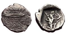 Greek Samaria, AR hemiobol (Silver, 0.36g, 8mm) ca 375-333 BC Samaria, AR hemiobol (Silver, 0.36g, 8mm) ca 375-333 BC Obv: Galley to left; Aramaic 'SMRYN' (Samaria) above Rev: Persian king in kneeling