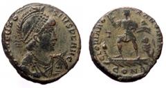 Roman Imperial Theodosius I Æ Follis (Bronze, 7.29g, 22mm) Constantinople, 378-383. Theodosius I Æ Follis (Bronze, 7.29g, 22mm) Constantinople, 378-383. Obv: D N THEODOSIVS P F AVG, diademed, helmeted