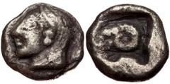 Greek Troas, Kebren AR Diobol (Silver, 1.08g, 9mm) 5th century BC Troas, Kebren AR Diobol (Silver, 1.08g, 9mm) 5th century BC Obv: Archaic head (Apollo?) left Rev: Head of ram left within incuse squar