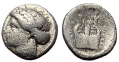 Greek Ionia, Kolophin AR Diobol (Silver, 1.00g, 11mm) ca 375-360 BC Ionia, Kolophin AR Diobol (Silver, 1.00g, 11mm) ca 375-360 BC Obv: Head of Apollo l., Rev. Lyre. Ref: SNG Copenhagen 142.