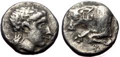 Greek Satraps of Caria. Hekatomnos. Circa 392-376 BC. AR Diobol (Silver, 1.30g, 11mm) Mylasa Satraps of Caria. Hekatomnos. Circa 392-376 BC. AR Diobol (Silver, 1.30g, 11mm) Mylasa Obv: Mylasa mint. La