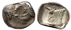 Greek Caria or Lycia, uncertain, AR tetartemorion (Silver, 0.14g, 9mm) ca. 5th cent BC Caria or Lycia, uncertain, AR tetartemorion (Silver, 0.14g, 9mm) ca. 5th cent BC Obv: Confronted heads of two bul