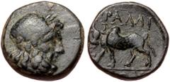 Greek Lydia, Tralleis, AE (Bronze, 13mm, 3.35g), 2nd-1st century BC. Lydia, Tralleis, AE (Bronze, 13mm, 3.35g), 2nd-1st century BC. Obv: Laureate head of Zeus to right. Rev: [Τ]ΡΑΛΛΙ - [ΑΝΩΝ] Bull sta