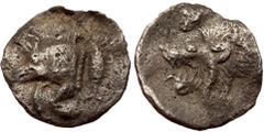 Greek Mysia, Kyzikos, AR Hemiobol (silver, 0,37 g, 10 mm) c. 480-450 BC Obv: Forepart of running boar left, tunny fish swimmin Mysia, Kyzikos, AR Hemiobol (silver, 0,37 g, 10 mm) c. 480-450 BC Obv: Fo
