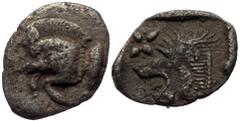 Greek Mysia, Cyzicus, AR hemiobol (Silver, 9mm, 0,30 g), 5th century BC. Mysia, Cyzicus, AR hemiobol (Silver, 9mm, 0,30 g), 5th century BC. Obv: Forepart of boar left, tunny upward behind. Rev: Head o