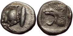 Greek Mysia, Kyzikos AR Diobol (Silver, 1.10g, 9mm) ca 525-475 BC Mysia, Kyzikos AR Diobol (Silver, 1.10g, 9mm) ca 525-475 BC Obv: Forepart of boar tunny-fish behind. Rev: Head of lion with open jaws 
