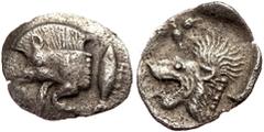 Greek Mysia, Kyzicos AR hemiobol (Silver, 0.35, 11mm) ca. 5th cent. BC Mysia, Kyzicos AR hemiobol (Silver, 0.35, 11mm) ca. 5th cent. BC Obv: Forepart of boar left, behind tunny Rev: head of lion left 