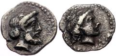 Greek Cilicia, Tarsos, Tiribazos (satrap of Lydia, 388-380 BC) AE obol (Silver, 10,3 mm, 0,66 g). Obv: Baaltars standing front Cilicia, Tarsos, Tiribazos (satrap of Lydia, 388-380 BC) AE obol (Silver,
