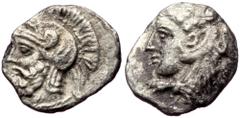 Greek Cilicia, uncertain AR Hemiobol (Silver 0,22g, 7mm) 4th century BC Cilicia, uncertain AR Hemiobol (Silver 0,22g, 7mm) 4th century BC Obv: Head of Herakles left, wearing lion skin. Rev: Helmeted h