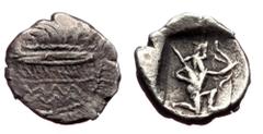 Greek Samaria, AR hemiobol (Silver, 0.36g, 8mm) ca 375-333 BC Samaria, AR hemiobol (Silver, 0.36g, 8mm) ca 375-333 BC Obv: Galley to left; Aramaic 'SMRYN' (Samaria) above Rev: Persian king in kneeling