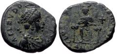 Roman Imperial Aelia Eudoxia (Augusta, 400-404) AE Follis (Bronze, 16mm, 2.80g) Antiochia. Aelia Eudoxia (Augusta, 400-404) AE Follis (Bronze, 16mm, 2.80g) Antiochia. Obv: AEL EVDO-XIA AVG, Pearl-diad
