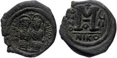 Byzantine Justin II. 565-578. Æ Follis (Bronze, 30mm, 14.38g) Nicomedia, Dated RY 7 (572/573). Justin II. 565-578. Æ Follis (Bronze, 30mm, 14.38g) Nicomedia, Dated RY 7 (572/573). Obv: Justin and Soph