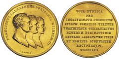 Russia Alexandre Ier 1801-1825 Médaille d'Or au poids de 10 ducats, création de l'Alliance contre la France, 1813, AU 34.7 G. 47mm, opus Lang Avers : FRANCISCVS I. ALEXANDER I. FRIEDRIC. WILHELM. III.