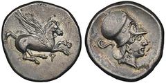 Collection of Monsieur F. Greek Coins CORINTHIE Statère, Corinthe, 400-375 avant J.C., AG 8.34 g. Avers : Ϙ,Pegasos volant à droite Revers : Tête d'Athéna à gauche, coiffée d'un casque corinthien ; de