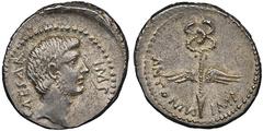 Collection of Monsieur F. Roman Coins Octavianus & M. Antonius Denarius, atelier militaire en Gaule, AG 4.08 g. Avers : CAESAR IMP, Tête nue d'Octavian à droite Revers : ANTONIUS IMP, caducée ailé Ref