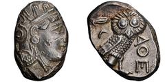 Collection of Monsieur L. Ancient Coins ATTIQUE Tétradrachme, Athènes, c.393-294 av. J.-C., AG 17.18 g. Avers : Tête d'Athéna à droite, coiffée du casque à aigrette, orné sur le devant de trois feuill