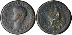 Claudius for Nero Claudius Drusus 41-54AD - Sestertius, 41-42AD, AE 28,43g. NERO CLAVDIVS DRVSVS GERMANICVS IMP head of Drusus bare. R/. TI CLAVDIVS CAESAR AVG P M TR P IMP SC Claudius (or Drusus) sea