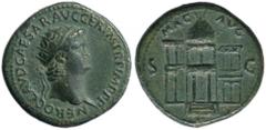 Nero 54-68 AD - Dupondius, 64 AD, AE 13,13 g. NERO CLAVD CAESAR AVG GER PMTRP IMP PP Rad. head of Nero right. R/.MAC AVG Front view on Nero's two storeyed provision market, showing domed central secti