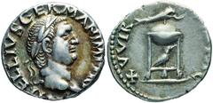 Romaines - Empire - Vitellius 69 après J.-C. - Denarius, Rome, 69, AG 3.6g. Avers : A VITELLIVS GERM IMP TR P Tête laurée de Vitellius à droite. Revers : XV VIR (SACR) FAC Trépied delphien surmont