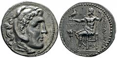 Tétradrachme, Rhodes, 201-190 avant J.C., AG 17.56g. Avers : tête d’Hercule avec la peau de lion à droite. Revers : Jupiter assis à gauche avec aigle sur la main droite et sceptre dans la gauche. Ref 