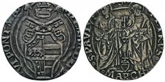 Alexandre VI 1492-1503 "Borgia" Gros, Ancône, non daté, AG 2.36g. Avers: ALEXANDER VI PONT MAX Écu dans un quadrilobe, sommé d'une tiare pontificale et de deux clefs croisées Revers: SPETRVS SPAVLVS S