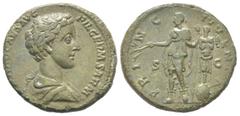 Commodus 180 - 192 As, Rome, 166-177, AE 9.66 g Avers: COMMODO CAES AVG FIL GERM SARM Buste drapé à droite Revers: PRINC IVVENT; S C Commodus debout, tenant une branche et une lance; un trophé à ses p