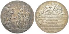 Russia Médaille en bronze argenté, pose de la première pierre du pont Alexandre III, Paris, 1900, par Daniel-Dupuis, AE 139.8 g. 70 mm Avers : ALEXANDRE III PAX Sous une allégorie montrant le buste ra